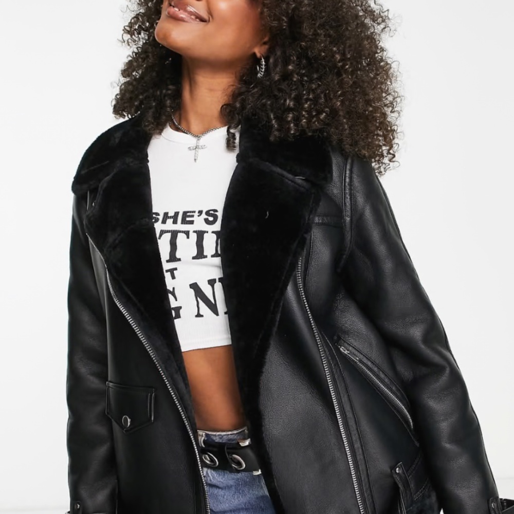 TOPSHOP oversized Aviator Biker Jacket in Jet Black